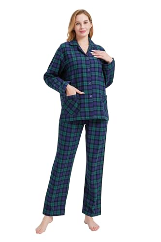 kolipajam Damen 100% Baumwoll-Flanell-Schlafanzug-Set in Garn gefärbt - Gemütlicher Pyjama mit Langen Ärmeln für den Winter von kolipajam