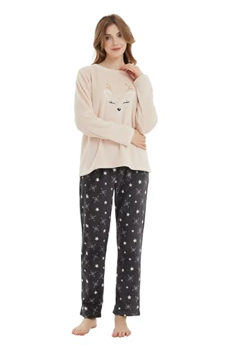 kolipajam Damen Winter 2023 Flauschiger Fleece-Pyjama mit Langen Ärmeln - 2-teiliges Set mit Top und Langen Hosen, Loungewear von kolipajam