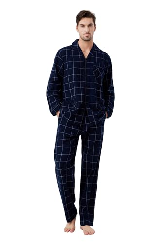 kolipajam Herren 100% Baumwoll-Flanell-Schlafanzug-Set in kariertem Garn gefärbt - Gemütliche Schlafanzughose mit Taschen und Kordelzug an der Taille, Winter-Pyjama für Herren von kolipajam