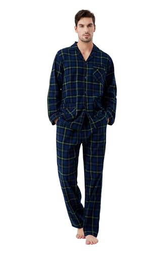 kolipajam Herren 100% Baumwoll-Flanell-Schlafanzug-Set in kariertem Garn gefärbt - Gemütliche Schlafanzughose mit Taschen und Kordelzug an der Taille, Winter-Pyjama für Herren von kolipajam