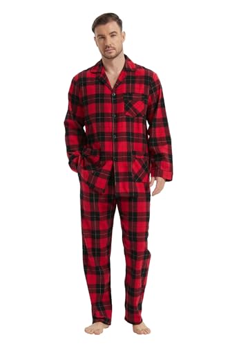 kolipajam Herren 100% Baumwoll-Flanell-Schlafanzug-Set in kariertem Garn gefärbt - Gemütliche Schlafanzughose mit Taschen und Kordelzug an der Taille, Winter-Pyjama für Herren von kolipajam