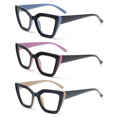 3 Stück Lesebrille für Damen, übergroß, Cat Eye, mit Federscharnier, Anti-Hellblau, Blau Lila Braun 3 Stück Lesebrille für Damen, übergroß, Cat Eye, mit Federscharnier, Anti-Hellblau, Blau Lila Braun von kollyseek