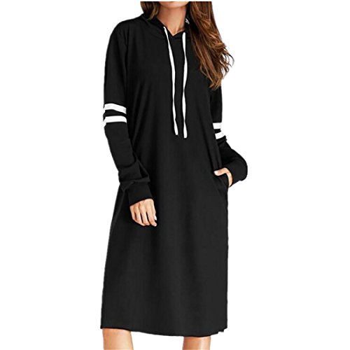 koly-clothes Kleid Damen Kolylong® Frauen Elegant Gestreift Pullover Kleid mit Kapuze Herbst Hoodie Sweatshirt Lange Loose Mantel Sportkleid Langarm Shirt Tops (L, Black-lang) von koly-clothes