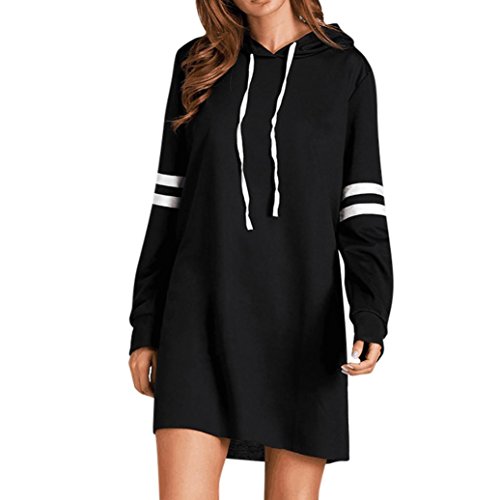 koly-clothes Kleid Damen Kolylong® Frauen Elegant Gestreift Pullover Kleid mit Kapuze Herbst Hoodie Sweatshirt Lange Loose Mantel Sportkleid Langarm Shirt Tops (L, Schwarz) von koly-clothes