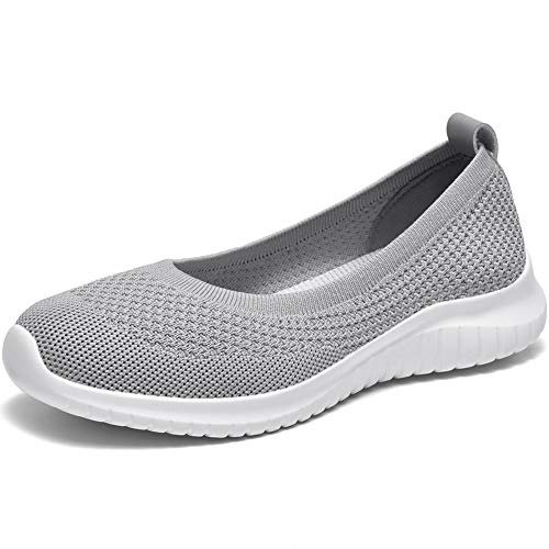 konhill Damen Sneaker Flache Schuhe - Atmungsaktiv Slip On Geschlossene Ballerinas Bequeme Freizeitschuhe Mesh-Walking-Loafer EU 38 Hellgrau von konhill