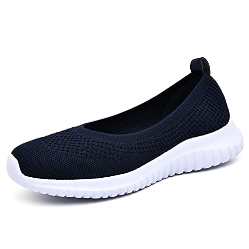 konhill Damen Sneaker Flache Schuhe - Atmungsaktiv Slip On Geschlossene Ballerinas Bequeme Freizeitschuhe Mesh-Walking-Loafer EU 38 Navy blau von konhill