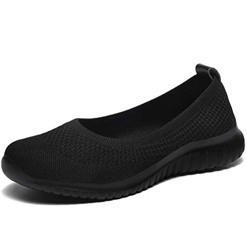 konhill Damen Sneaker Flache Schuhe - Atmungsaktiv Slip On Geschlossene Ballerinas Bequeme Freizeitschuhe Mesh-Walking-Loafer EU 38 Schwarz von konhill