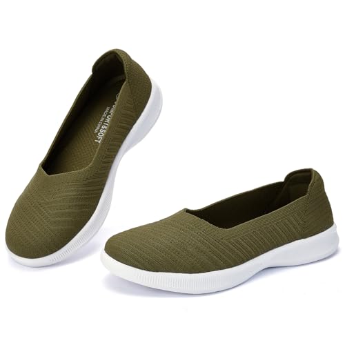 konhill Damen Ballerinas Loafers Elegant Lässige Flache Schuhe Bequeme Weich Strickstoff Leichte Slip On Walking Schuhe EU 37 Olivgrün von konhill
