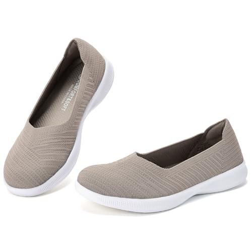 konhill Damen Ballerinas Loafers Elegant Lässige Flache Schuhe Bequeme Weich Strickstoff Leichte Slip On Walking Schuhe EU 38,5 Khakigrau von konhill
