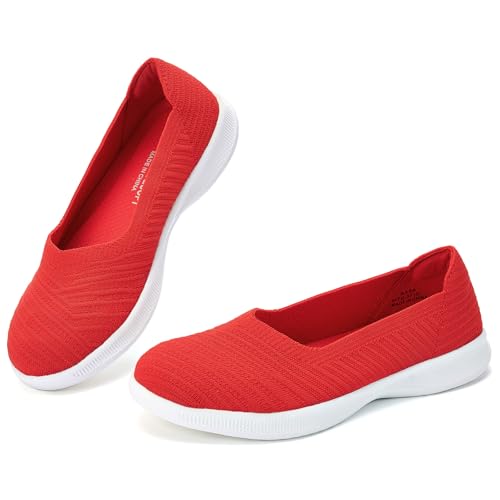 konhill Damen Ballerinas Loafers Elegant Lässige Flache Schuhe Bequeme Weich Strickstoff Leichte Slip On Walking Schuhe EU 40 Hellrot von konhill
