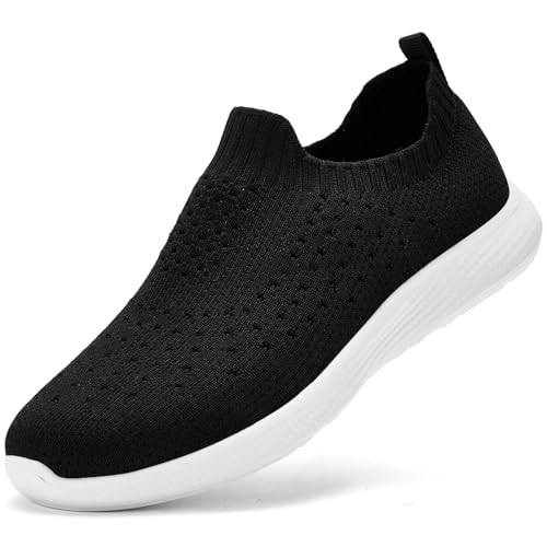konhill Damen Leichte Strick-Sneaker Slip On - Atmungsaktive Bequeme Sportschuhe für Walking, Straßenlauf und Outdoor Freizeit Schwarz EU 38 von konhill