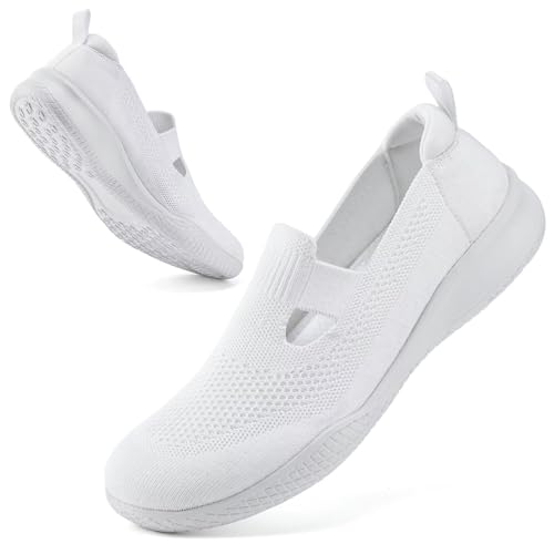 konhill Damen Slip On Laufschuhe Atmungsaktive Mesh Sommerschuhe Leichte Fitness Sportschuhe für Jogging Walking Freizeit Alle Weiß EU 37 von konhill