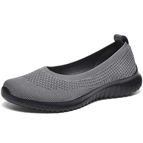 konhill Damen Sneaker Flache Schuhe - Atmungsaktiv Slip On Geschlossene Ballerinas Bequeme Freizeitschuhe Walking-Loafer EU 39 Dunkelgrau/Schwarz von konhill