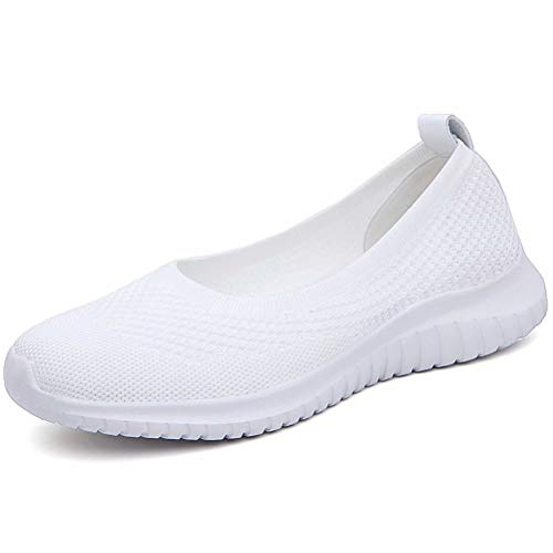 konhill Damen Sneaker Flache Schuhe - Atmungsaktiv Slip On Geschlossene Ballerinas Bequeme Freizeitschuhe Walking-Loafer EU 40 Weiß von konhill