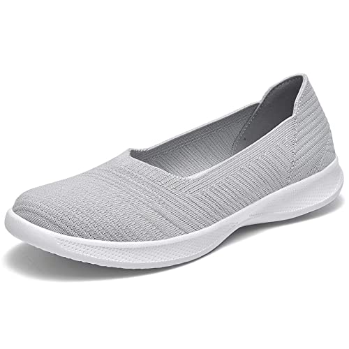 konhill Damen Sneaker Flache Schuhe - Slip On Go Walk Freizeitschuhe Atmungsaktiv Leicht Geschlossene Ballerinas Mesh Loafer EU 37 Hellgrau von konhill