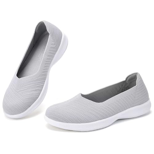 konhill Damen Sneaker Flache Schuhe - Slip On Go Walk Freizeitschuhe Atmungsaktiv Leicht Geschlossene Ballerinas Mesh Loafer EU 37 Hellgrau von konhill