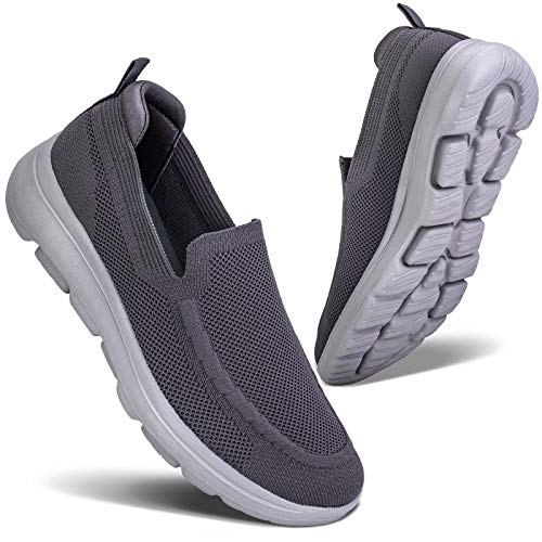 konhill Herren Sneakers Slip-on Schuhe - Leichtgewicht Atmungsaktive Mesh Freizeitschuhe Bequemes Gym Sport Tennisschuhe Weiche Turnschuhe EU 46 Dunkelgrau/Grau von konhill