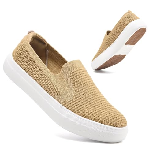 konhill Loafers für Frauen Slip auf Walking Schuhe Stricken Atmungsaktiv Tennis Arbeit Komfortable Fashion Trainers Sneakers Khaki Farbe EU 40 von konhill