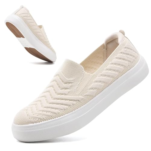 konhill Slip On Schuhe für Frauen Loafers Casual Atmungsaktiv Komfortabel Walking Schuhe Sneakers Trainers EU 41 Beige von konhill