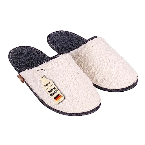 kontor28® - nachhaltige & kuschelige TEDDY Pantoffeln/Slipper, rutschfeste Sohle & Schaft aus 100% Baumwolle + Upcycling rPET Filz, warme & ökologische Hausschuhe Herren&Damen, Made in Germany - L von kontor28