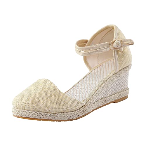 koperras Damenschuhe Stiefeletten Sommer Mode vielseitige geflochtene Schnalle atmungsaktive Keil-Sandalen Schuhe 80 Damen (Beige, 40) von koperras