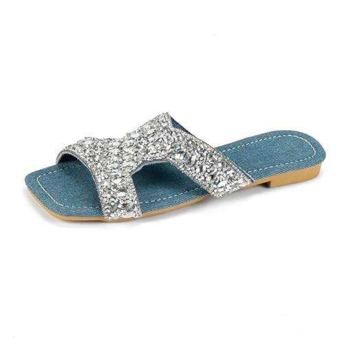 koperras Leichte Damen Schuhe lässig, glitzernde Strass-Hausschuhe, offene Zehenpartie, Slip-Absatz-Hausschuhe Blaue Schuhe Damen Halbschuhe (Blue, 37) von koperras