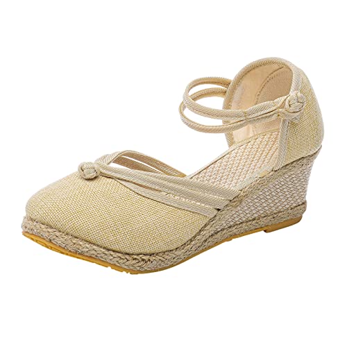 koperras Weiße Damen Schuhe Plattform Keilsandalen Mode Vielseitige Geflochtene Schnalle Atmungsaktive Keilsandalen Dirndl Schuhe Damen Creme (Beige, 40) von koperras