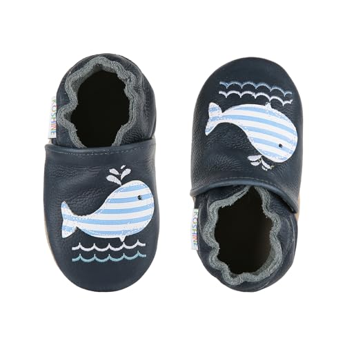 koshine Weiches Leder Krabbelschuhe Baby Schuhe Kinder Lauflernschuhe Hausschuhe 0-3 Jahre (Marineblauer Delfin, Numeric_22) von koshine