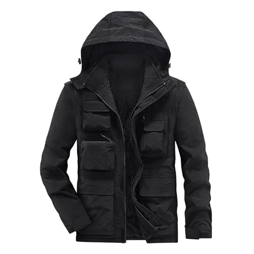 Mantel Herren Schwarz Winter Baumwolljacke für Herren im Winter mit Plüsch und verdickter Baumwolljacke mit Taschen für Outdoor-Freizeit, abnehmbare Ärmel, Arbeitskleidung, Mantel Herren (Black, M) von kosopse