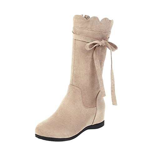 Schuhbeutel Stoff, einfarbig, Flock, Schleife, dekorativer Keilabsatz, hoher seitlicher Reißverschluss, mittelgroße Stiefel Schuhe Ohne Schnürsenkel Damen Warm (Khaki, 39) von kosopse