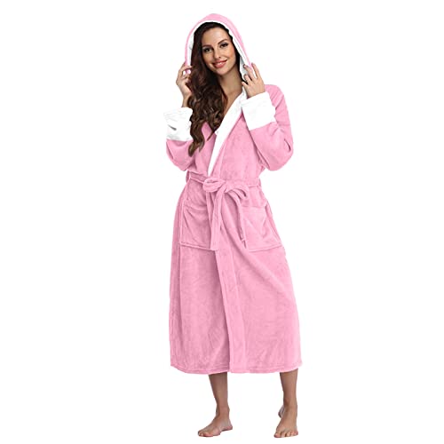 kosopse Bademantel Damen Frottee Mit Kapuze - Bademantel Damen Flauschig Lang - Schlafanzüge Für Winter Kapuzenbademantel Waffelpique Morgenmantel Baumwolle Hausmantel Lang Warm Bademantel (Pink-2, L) von kosopse