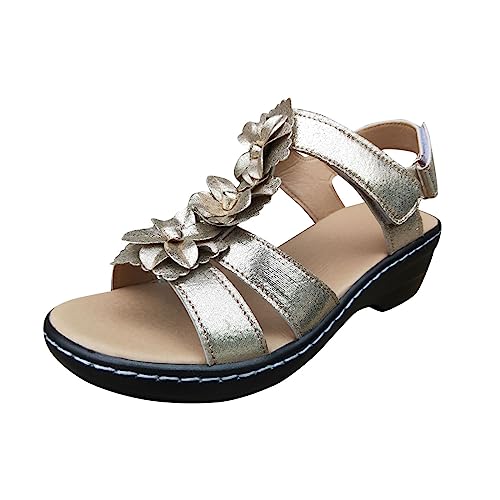 kosopse Sommer Damenschuhe 42 Damen-Sommermode, mehrfarbige Blumen-runde Zehen-Klett-Plateau-Sandalen Damen Schuhe Sommer Ballerina Günstig (Gold, 43) von kosopse