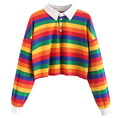 WFRAU Damen Revers Knöpfe Hemd Tops Langarm/Kurzarm Regenbogen Farbe Streifen Print Bluse für Damen Sommer Pullover Pullover T Shirt Täglich T-Shirts Tuniken von kowaku