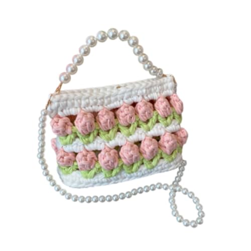 kowaku DIY Strick -Häkelbeutel Kit Blume Handgewebe Handtasche Urlaubswebebehabler Geschenk Frauen Umhängetaschen Machen Materialien, Weißes Grünrosa von kowaku