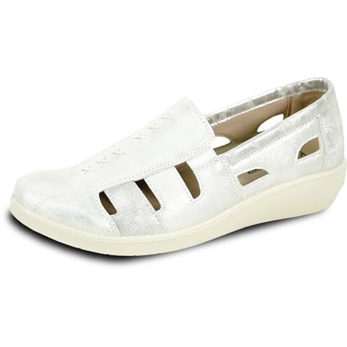 KOZI Bequeme Damen-Sandalen, Keilabsatz, Slipper, Mary Jane, runde Zehenkappe oder Zehenkappe mit herausnehmbarer Innensohle, Silber 36, 36 EU von kozi