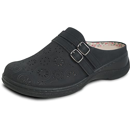 KOZI Canada Damen Komfort-Mule-Schuh, leger, Keilsandale mit runder Zehenpartie, austauschbare orthopädische Einlegesohle, Schwarz, Camel, Marineblau, Taupe, Schwarz 0, 38.5 EU von kozi