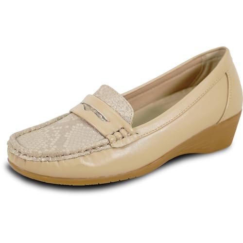 KOZI Damen-Loafer, bequem, lässig, Keilabsatz, ML-Kollektion, runde Zehenpartie, herausnehmbare Innensohle, Schwarz, Champagner, Champagner 3, 38.5 EU von kozi