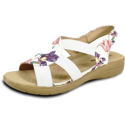 KOZI OY3132 Damen-Slipper mit Keilabsatz, bequem, lässig, mit elastischem Band, offene runde Zehenpartie, Schwarz, Blume, Marineblau, Rot, Weiß, Blume 2, 38 EU von kozi