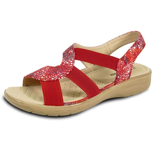 KOZI OY3132 Damen-Slipper mit Keilabsatz, bequem, lässig, mit elastischem Band, offene runde Zehenpartie, Schwarz, Blume, Marineblau, Rot, Weiß, Rot 2, 41 EU von kozi