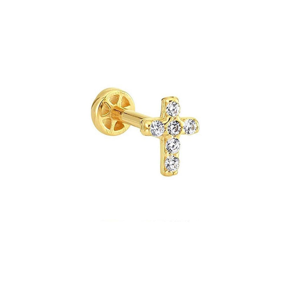 14K Gold Tragus Piercing Kreuz Mit Cz Stein, Threadless Flat Back Ohrring Stud Helix Knorpel von kozmodanet