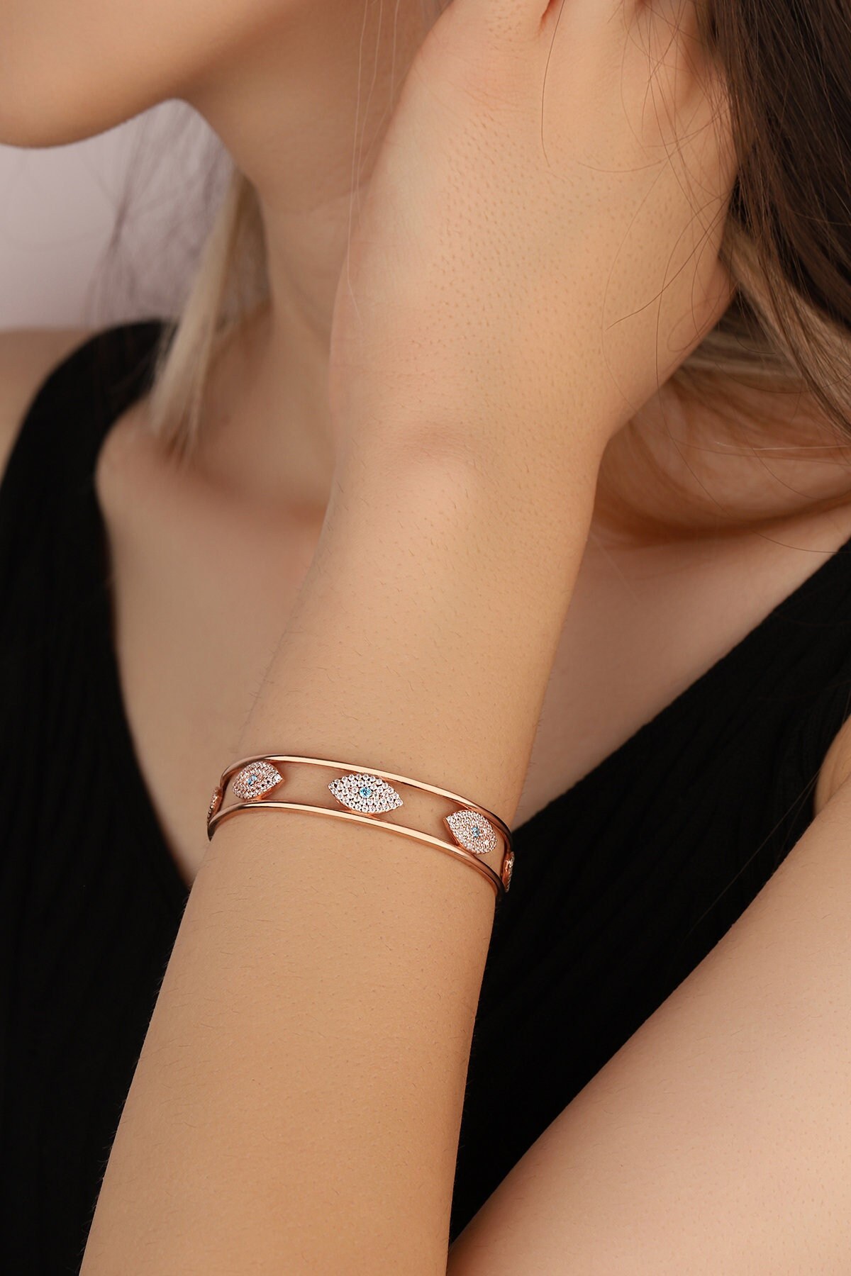 stone Eyed Silber Manschetten Armband, Gold Oder Rose - Evil Eye Inspirierendes Geschenk Schmuck Für Frauen von kozmodanet