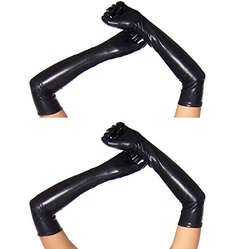 krautwear® Damen 2 Paar Lange Glänzende Wet Look Leder-Optik Handschuhe Abendhandschuhe ca. 53 cm lang (2x schwarz) von krautwear