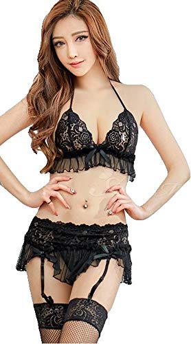 krautwear® Damen 4-teiliges Spitzen BH Straps Set Mit String Strapsen Und Strümpfen (schwarz) von krautwear