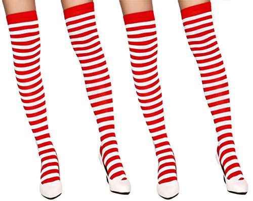 krautwear® Damen Gestreifte Overknees Strümpfe 2 Paar Ringelstrümpfe Karneval Fasching Cosplay 80er Jahre (2x rot-weiss) von krautwear