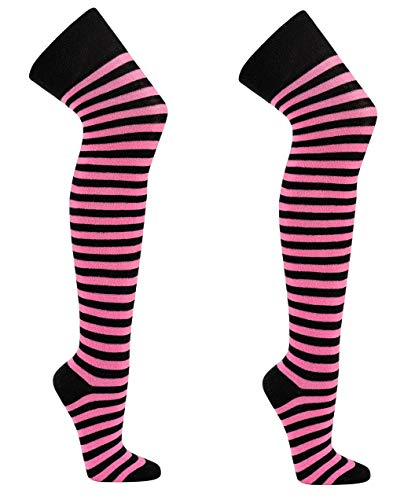 krautwear® Damen Gestreifte Overknees Strümpfe 2 Paar Ringelstrümpfe Karneval Fasching OEKO-TEX Standard 100 (2x schwarz-pink) von krautwear