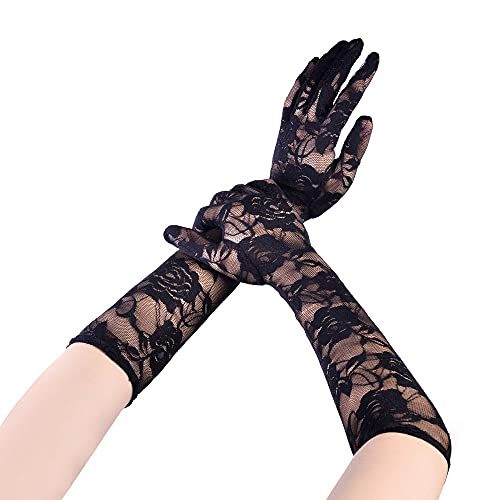 krautwear® Damen Handschuhe Spitze Ellenbogen Lang Abendhandschuhe Gerafft Braut Kurz Satin Schleife (Schwarz-059) von krautwear