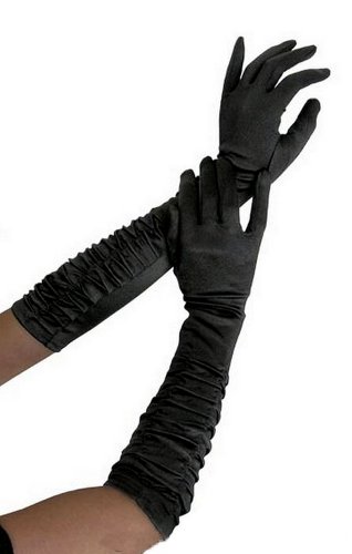 krautwear® Damen Handschuhe Spitze Ellenbogen Lang Abendhandschuhe Gerafft Braut Kurz Satin Schleife (Schwarz-068) von krautwear