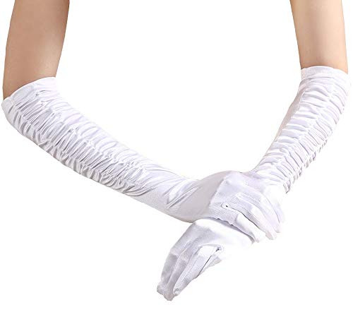 krautwear® Damen Handschuhe Spitze Ellenbogen Lang Abendhandschuhe Gerafft Braut Kurz Satin Schleife (Weiss-068) von krautwear