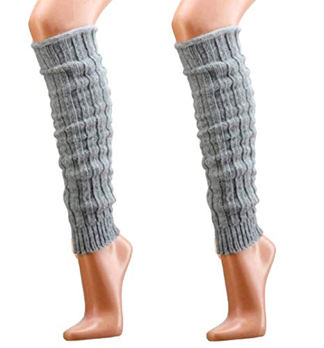 krautwear® Damen Mädchen 2 Paar Beinwärmer Stulpen Legwarmers Grobstrickstulpen mit Alpakawolle Alpaka Flauschig ca. 40cm 80er Schwarz Weiß Grau Beige (2x silber) von krautwear