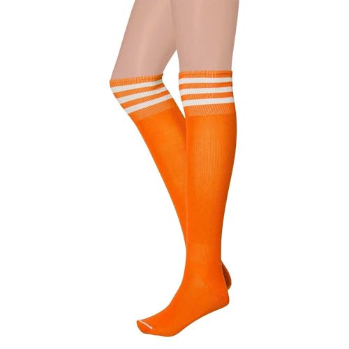 krautwear® Damen Mädchen Kinder Cheerleader Kniestrümpfe Gestreift mit 3 Streifen Gestreifte Overknees Geringelte Strümpfe Socks bunt (Neon Orange) von krautwear